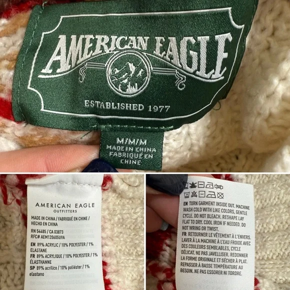 American Eagle Patchwork Fair Isle Sweater Nordic Cable Knit Cream Red Pullover - Picture 6 of 10